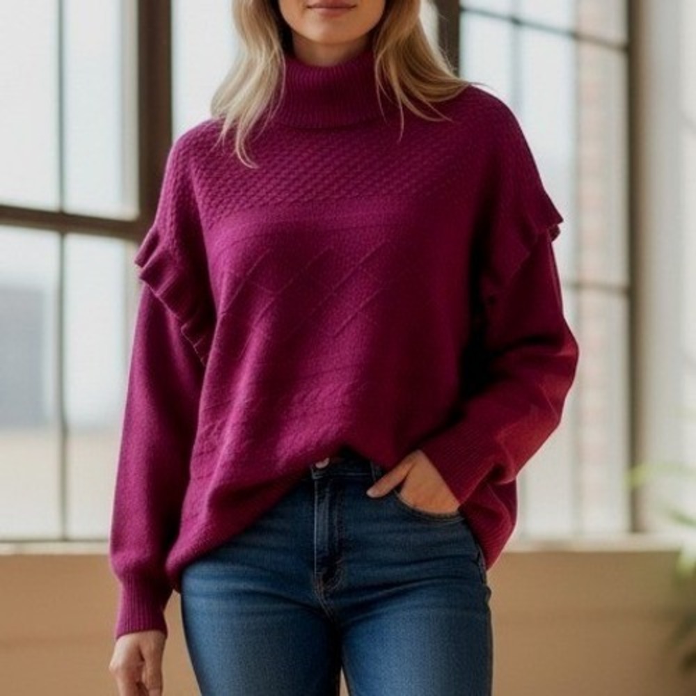 Marc New York Andrew Marc Women's Red Plum Turtleneck Cable Knit Sweater Size L